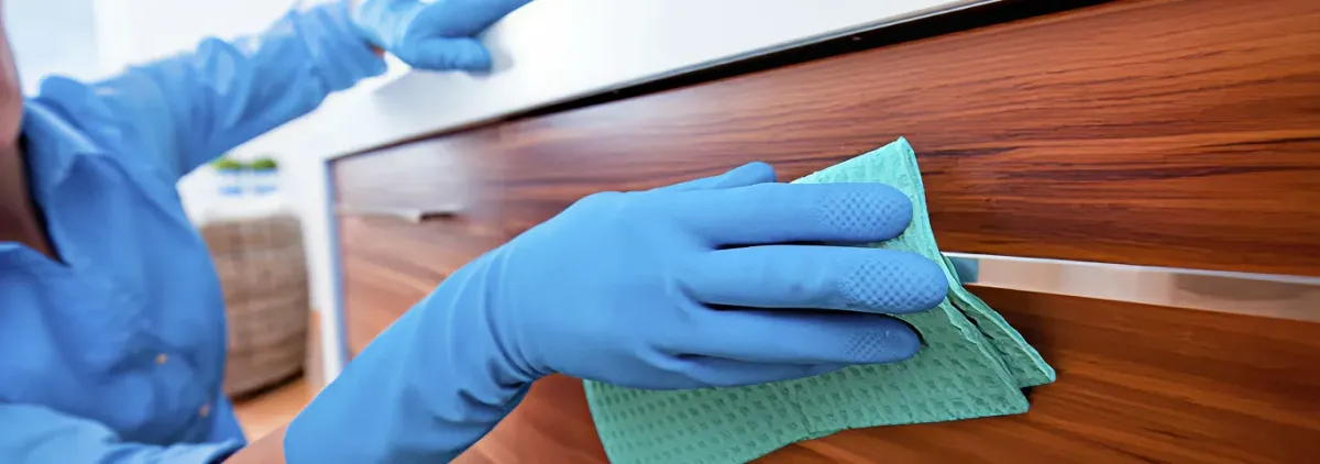 Cleaner wearing blue gloves wiping a wooden cabinet drawer with a microfiber cloth for dust and grime removal, Myrtle Beach, SC.